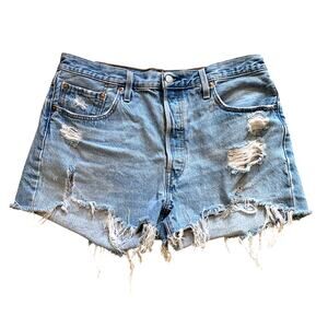 Levi's Light Wash Distressed 501 Button Fly High Waisted Cutoff Shorts